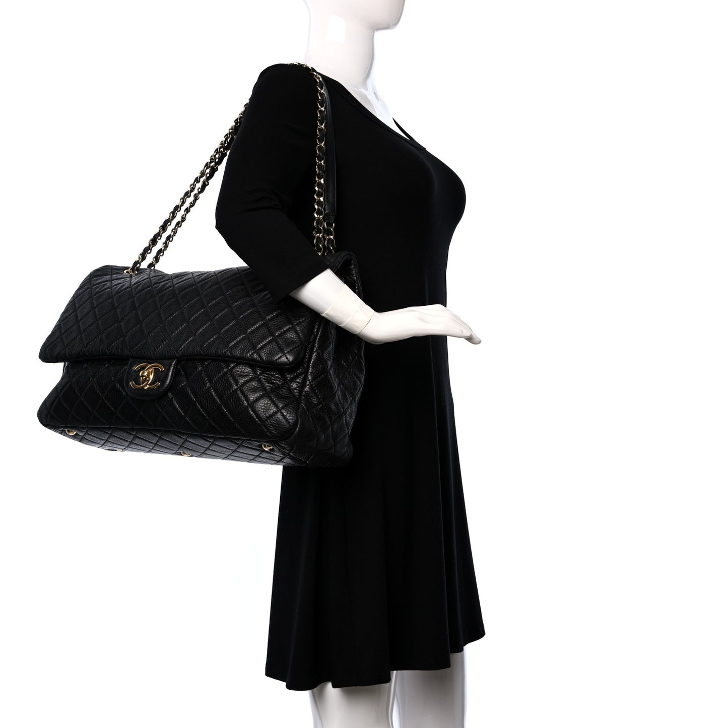 Calfskin Quilted XXL Travel Flap Bag Black