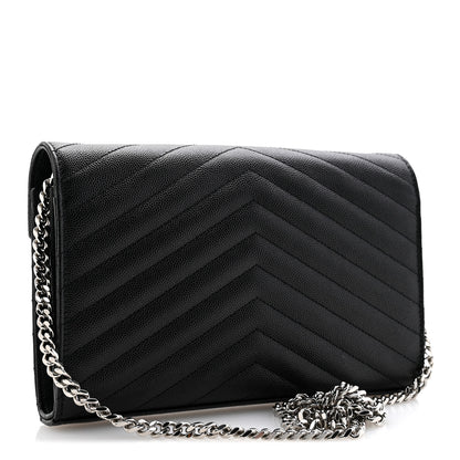 Saint Laurent Grain De Poudre Matelasse Chevron Monogram Chain Wallet Black Black 3 of 12