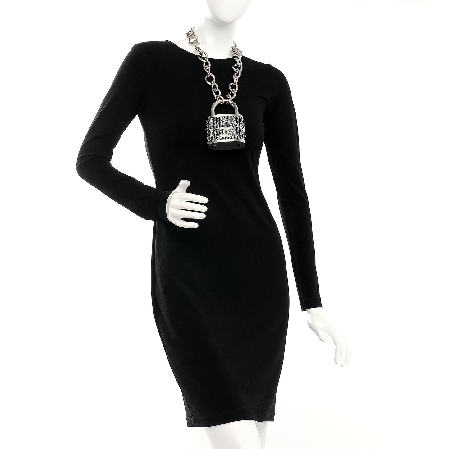 Tweed CC Oversized Padlock Chain Necklace Black Silver