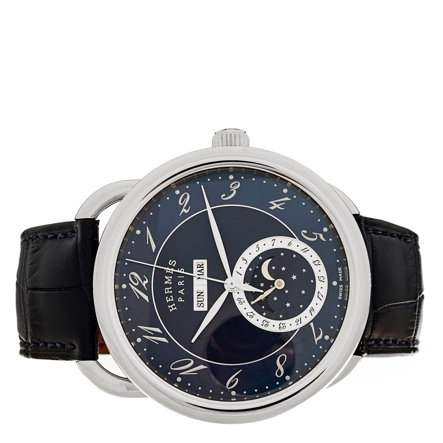 Hermes Stainless Steel Alligator 43mm Arceau Grande Lune Automatic Watch Bleu Abysse 2 of 4