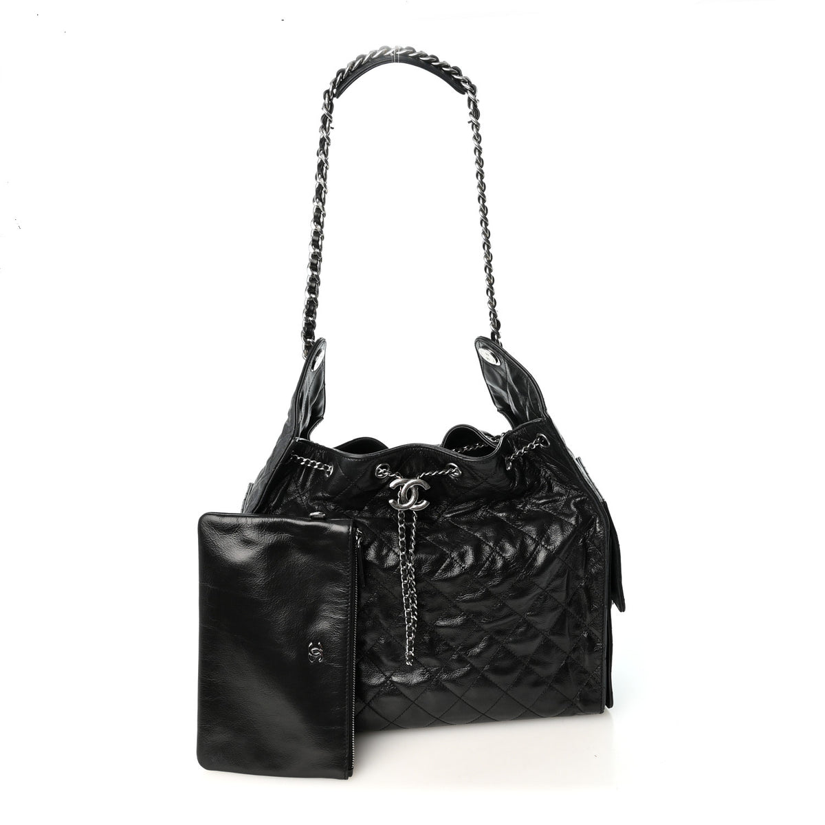 Shiny Crumpled Calfskin Quilted Medium Chanel 25 Handbag Black