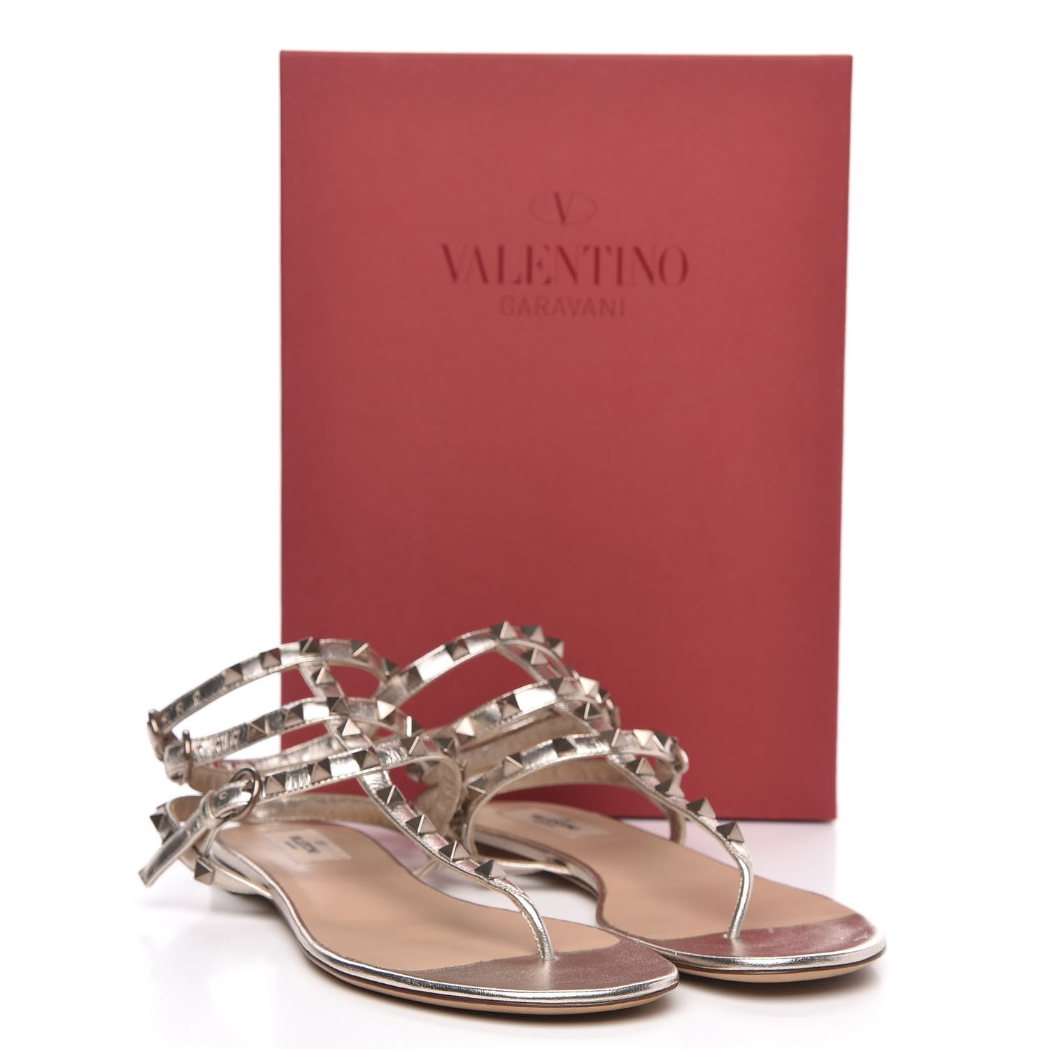 Valentino Garavani Metallic Nappa Rockstud Ankle Wrap Flat Thong Sandals 39 Platino 8 of 8