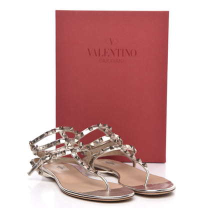 Valentino Garavani Metallic Nappa Rockstud Ankle Wrap Flat Thong Sandals 39 Platino 8 of 8