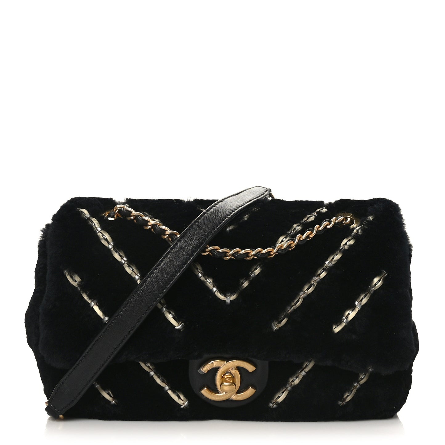 Shearling Lambskin Chevron Quilted Fur Sure Small Flap Black