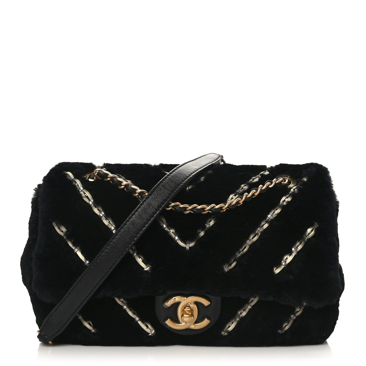 Chanel Shearling Lambskin Chevron Quilted Fur Sure Small Flap Black 1 of 9