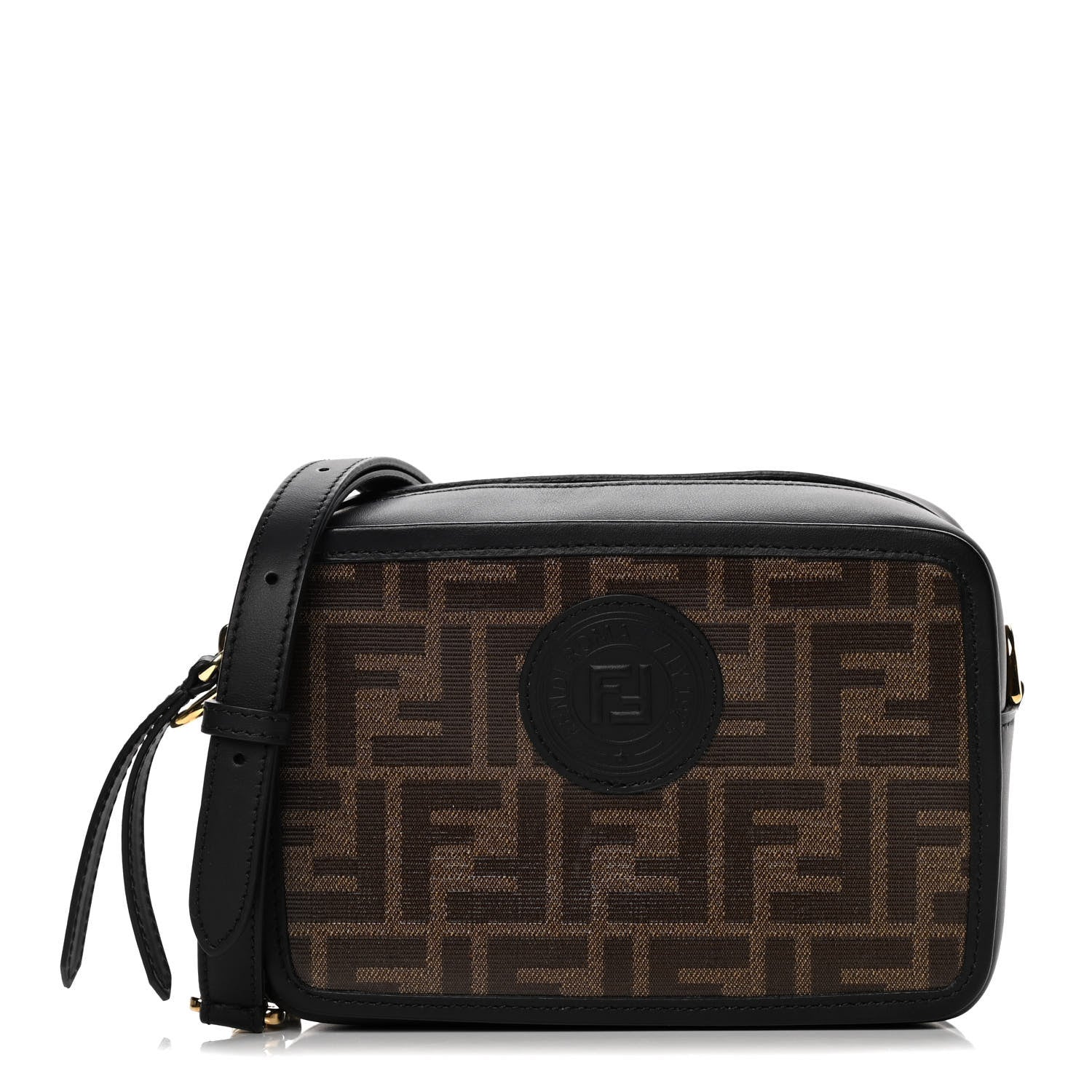 Fendi Glazed Fabric Vitello Century FF 1974 Stamp Patch Mini Camera Case Mogano Panna Black 1 of 10
