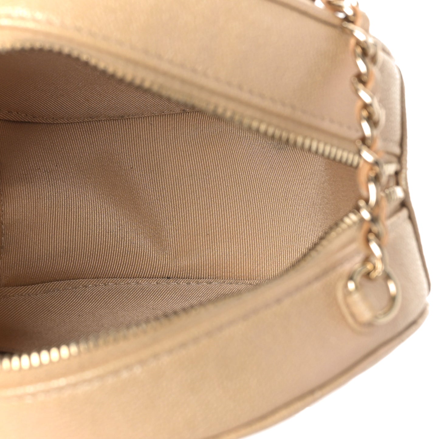 Iridescent Caviar Quilted Round Clutch With Chain Beige