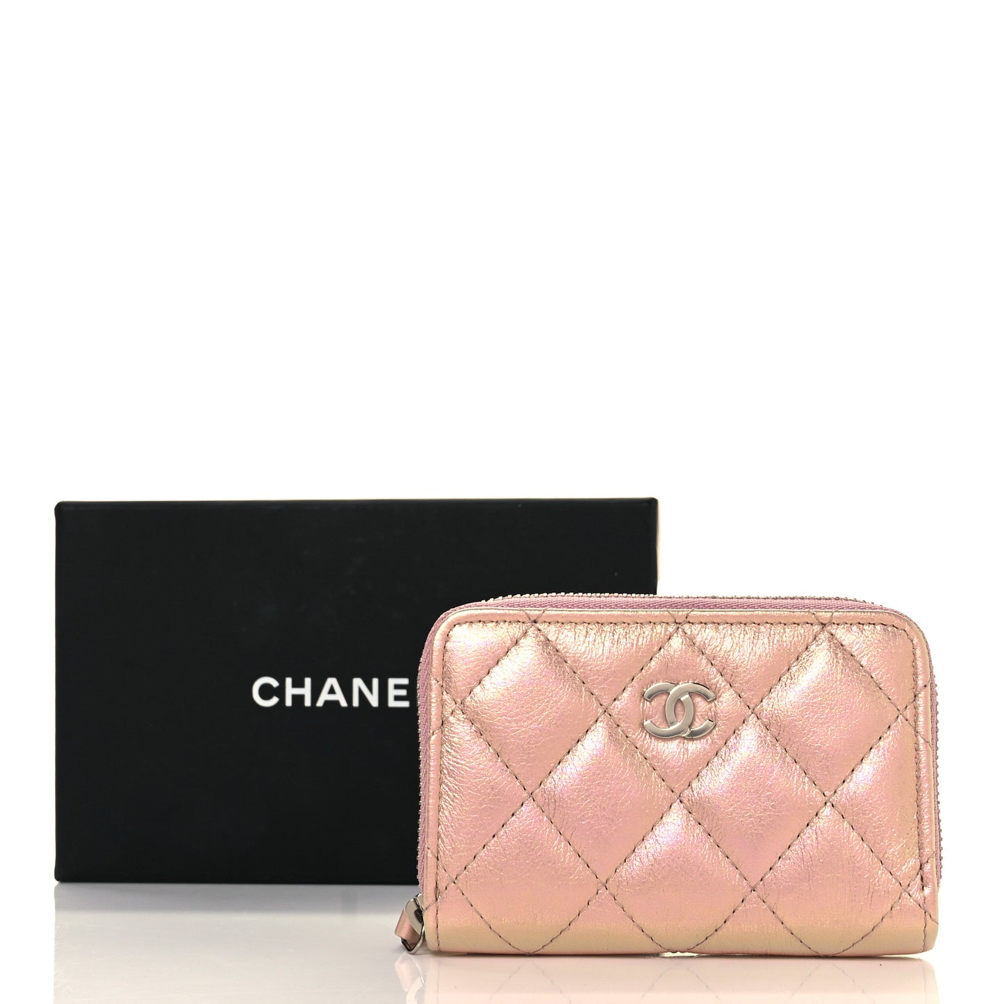 Iridescent Lambskin Quilted Zip Around Coin Purse Wallet Pink