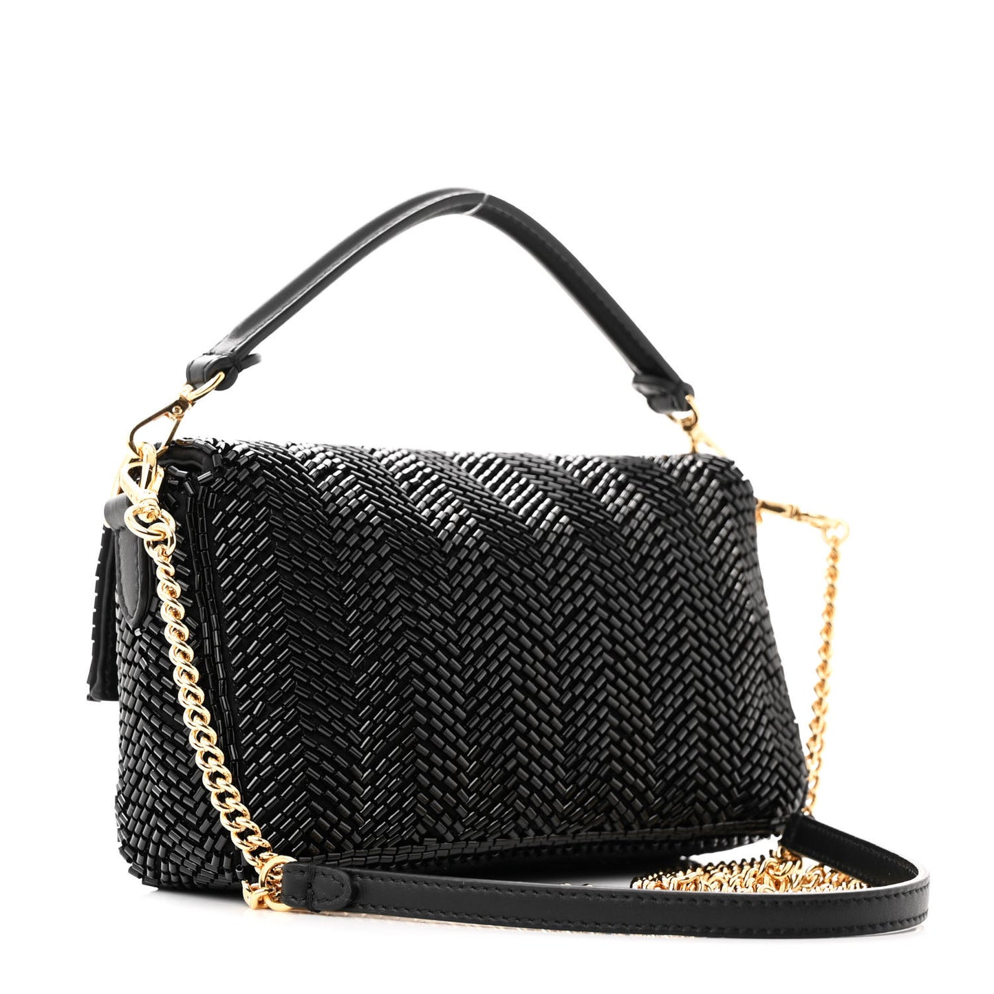 Enamel Nappa Beaded Woven Mini Baguette Black