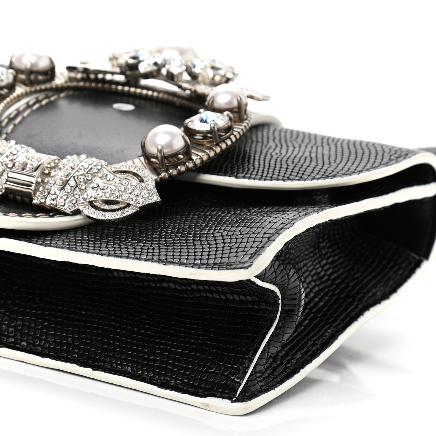 Embossed Lizard Calfskin Crystal Embellished Saint Lucertola Shoulder Bag Black