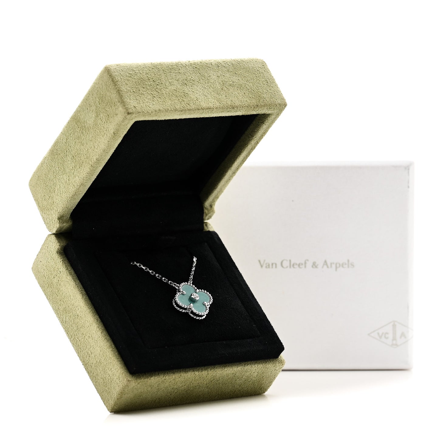 18K White Gold Diamond Celadon Green Sevres Porcelain Vintage Alhambra Pendant Necklace