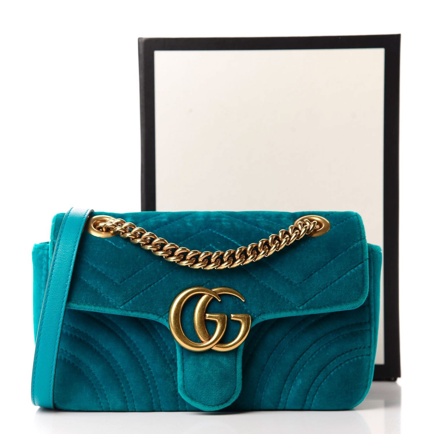 Gucci Velvet Matelasse Mini GG Marmont Shoulder Bag Pavone Cyan 12 of 12