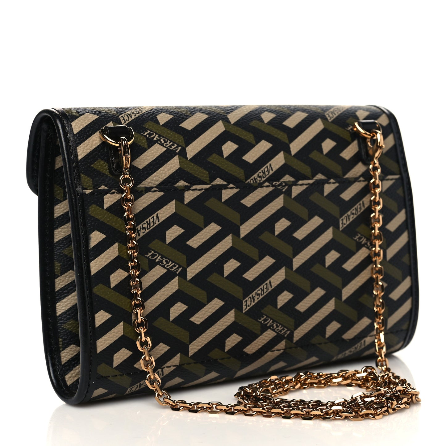 Coated Canvas La Greca Signature Wallet On Chain Black Khaki