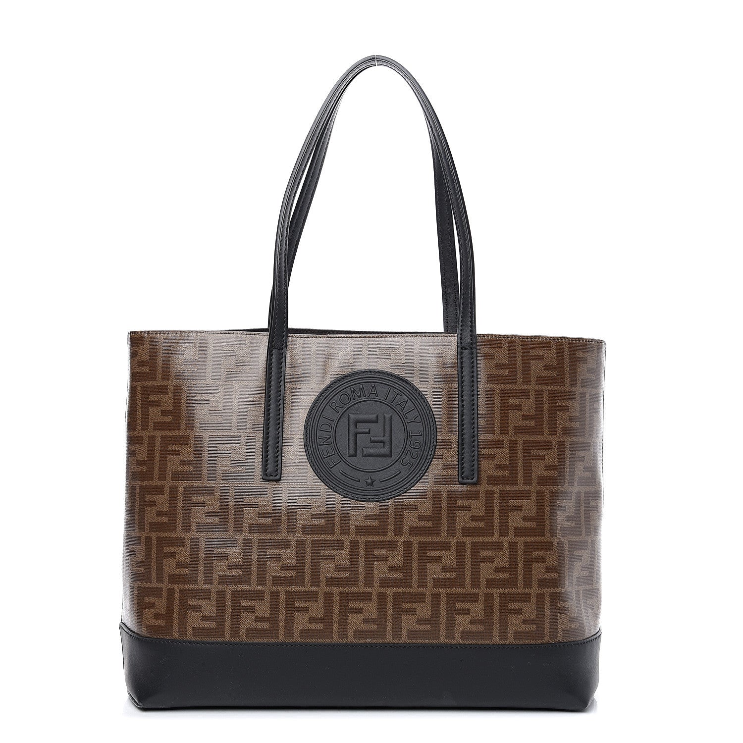 Fendi Glazed Fabric Vitello Century FF 1974 Stamp Patch Shopping Tote Mogano Panna Black 1 of 10