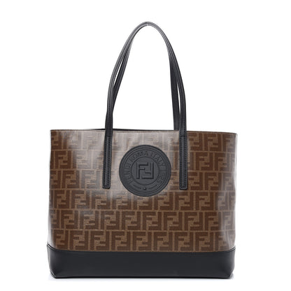 Fendi Glazed Fabric Vitello Century FF 1974 Stamp Patch Shopping Tote Mogano Panna Black 1 of 10