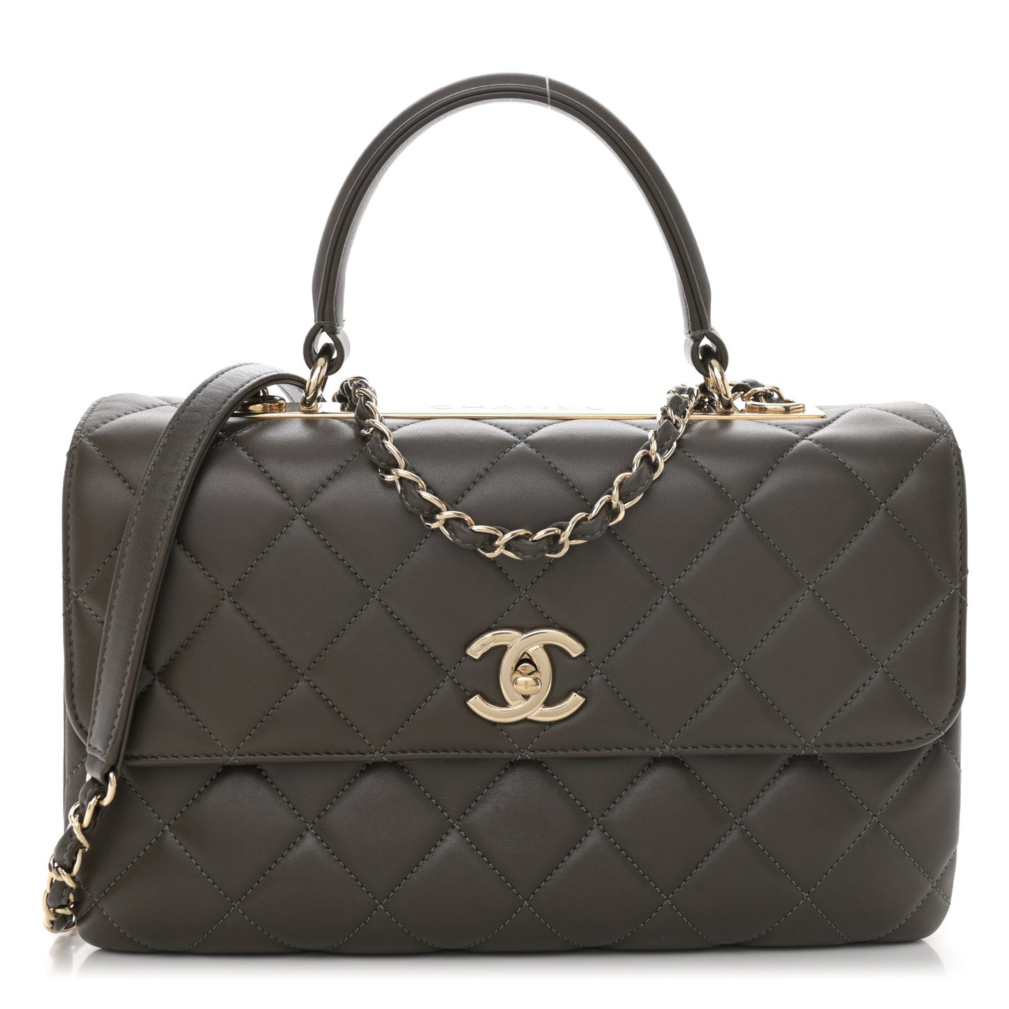 Lambskin Quilted Medium Trendy CC Flap Dual Handle Bag Dark Khaki