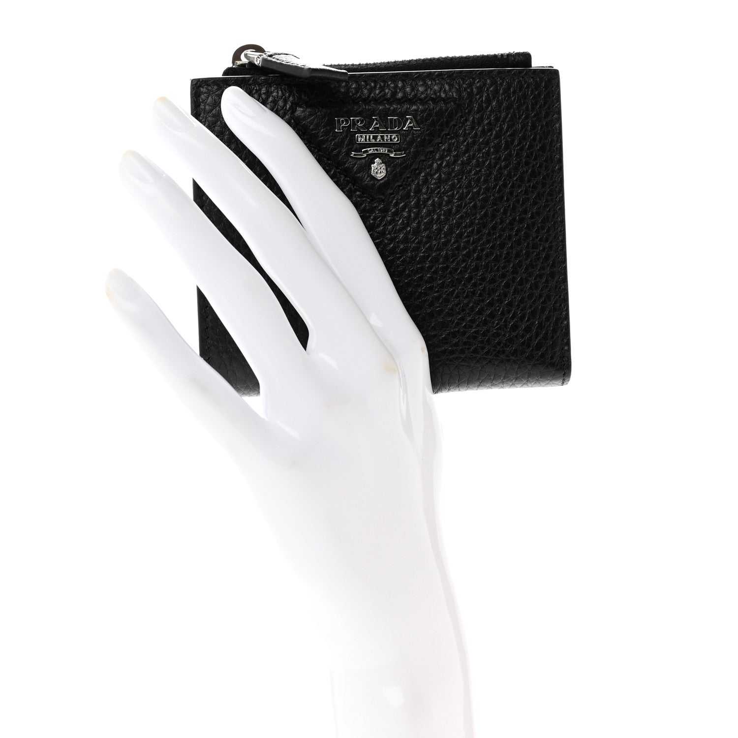 Prada Vitello Daino Compact Bi-Fold Zip Wallet Black 2 of 7