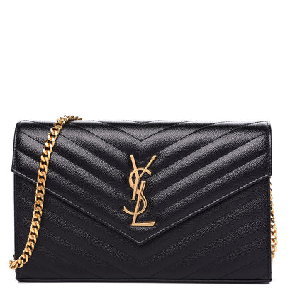 Saint Laurent Grain De Poudre Matelasse Chevron Monogram Chain Wallet Black 1 of 9