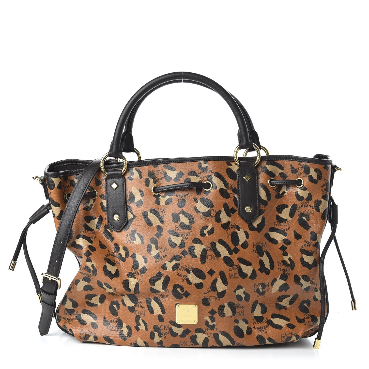 MCM Visetos Leopard Print Large Drawstring Shoulder Bag Cognac 1 of 9