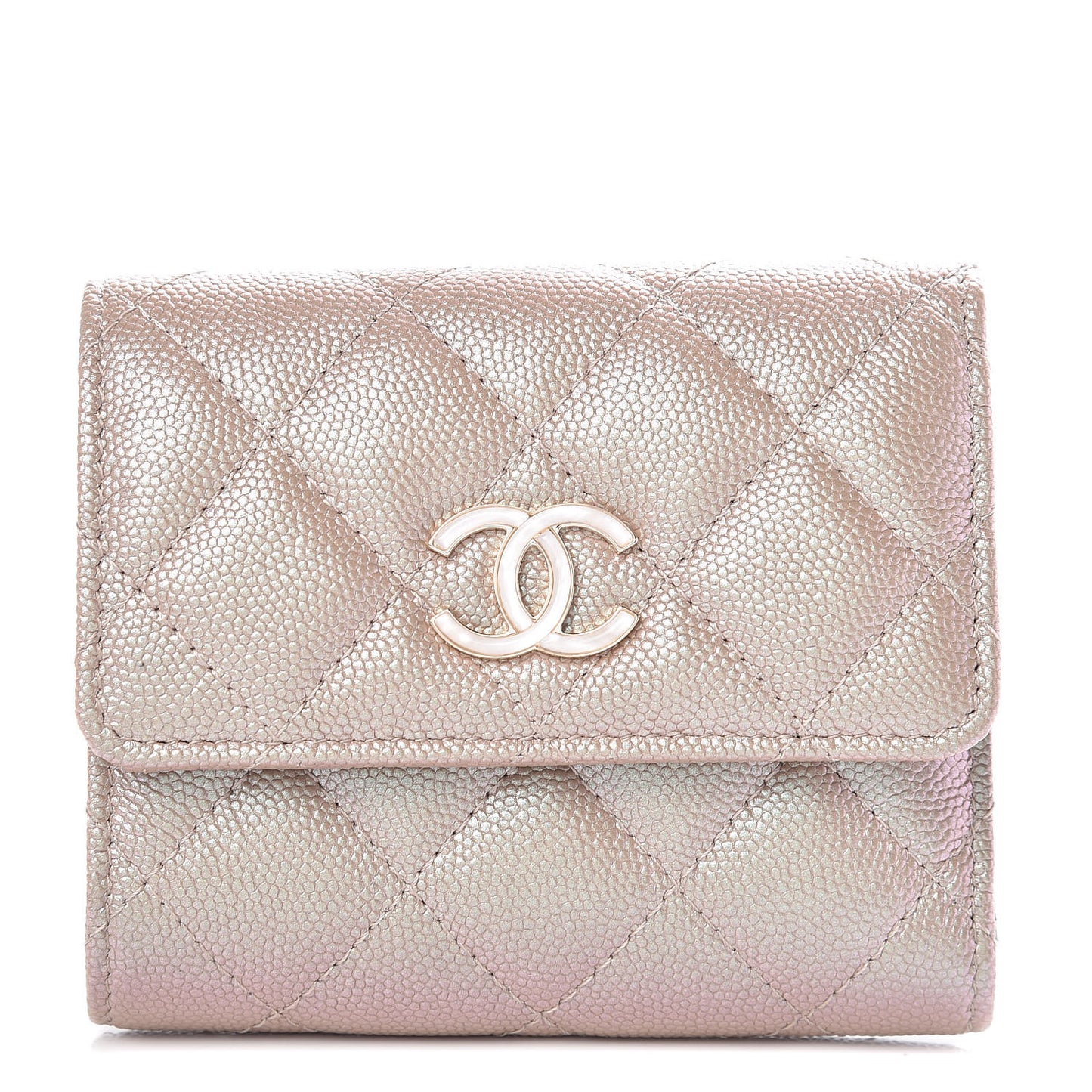 Iridescent Caviar Quilted Small Flap Wallet Beige