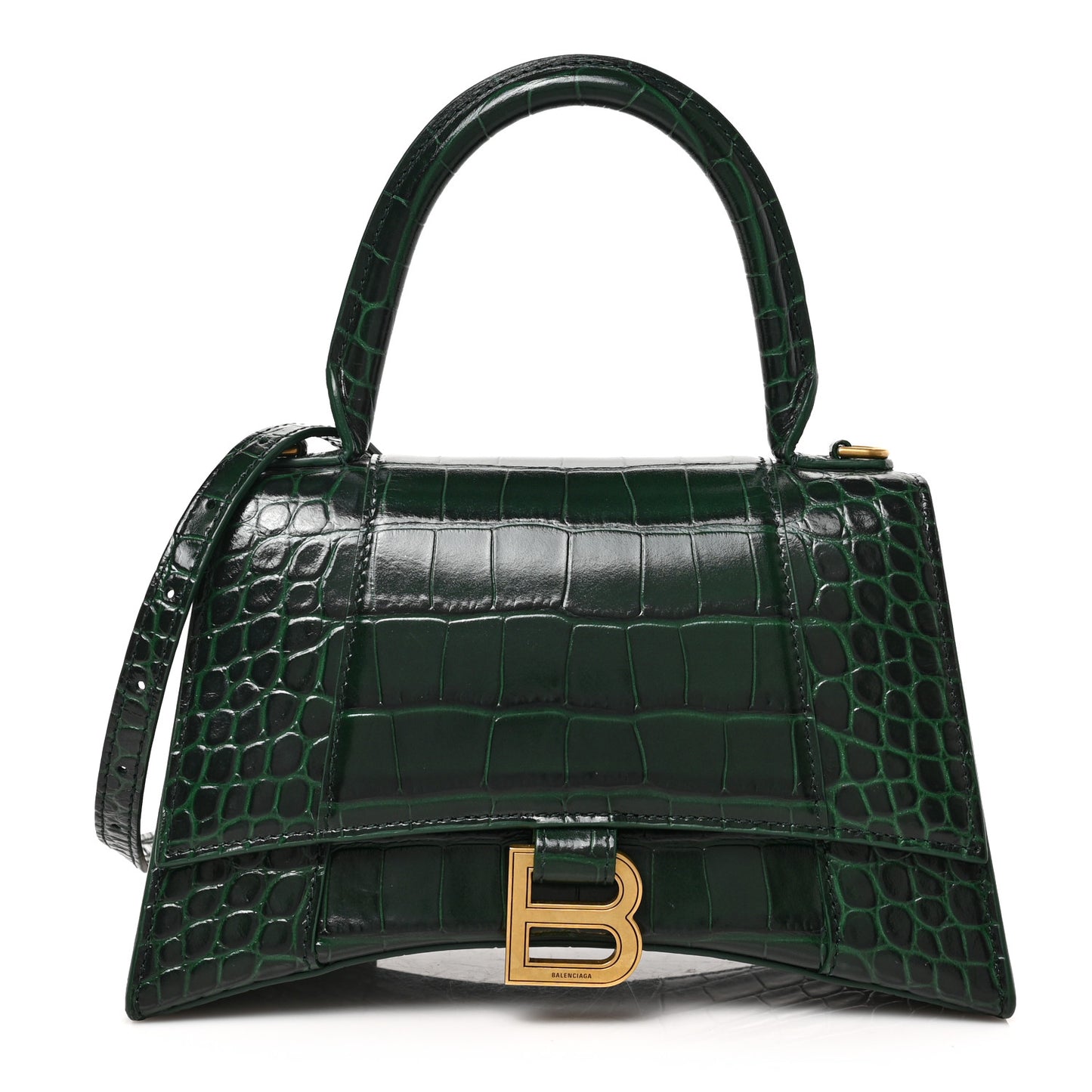Shiny Calfskin Crocodile Embossed Small Hourglass Top Handle Bag Forest Green