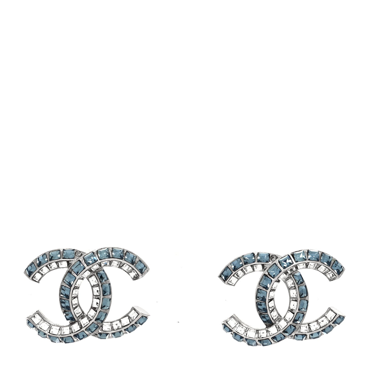Metal Baguette Crystal CC Earrings Silver Blue