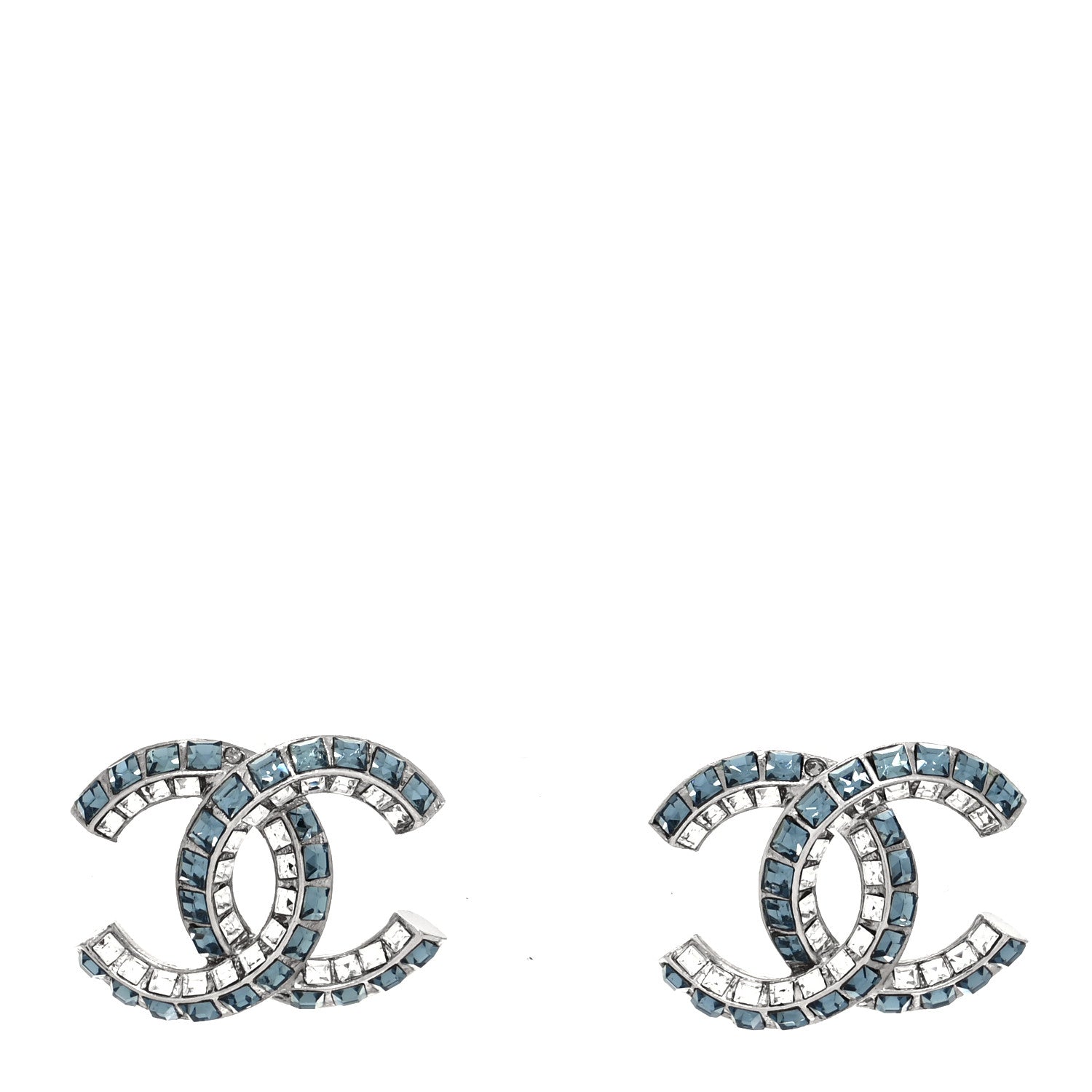 Chanel Metal Baguette Crystal CC Earrings Silver Blue 1 of 4