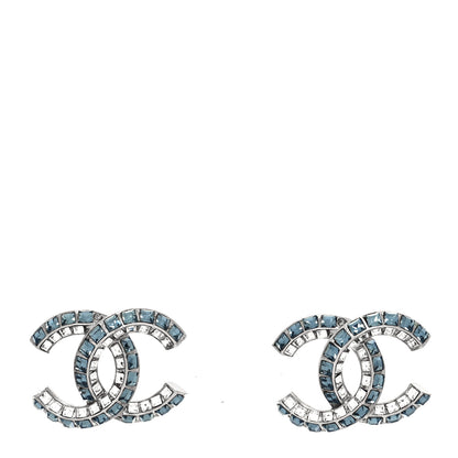 Chanel Metal Baguette Crystal CC Earrings Silver Blue 1 of 4
