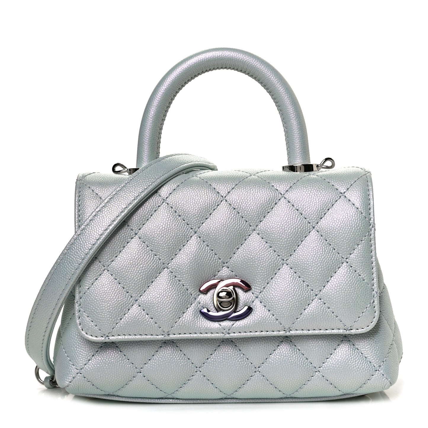 Iridescent Caviar Quilted Extra Mini Coco Handle Flap Light Blue