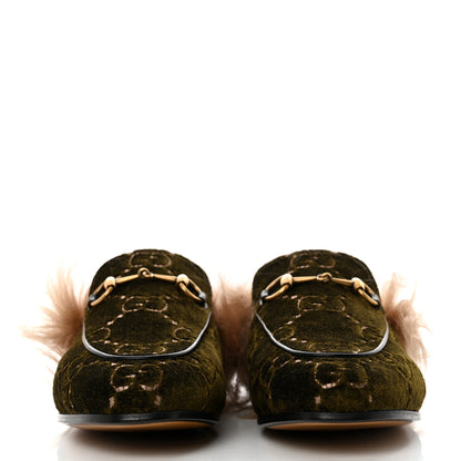 Gucci Velvet GG Monogram Fur Womens Princetown Slippers 37.5 Khaki 2 of 7