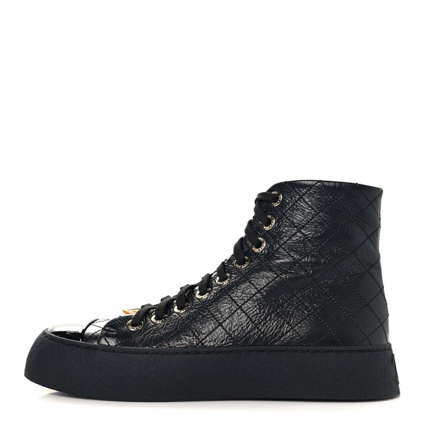 Chanel Crumpled Lambskin Patent Cap Toe CC Stitched High Top