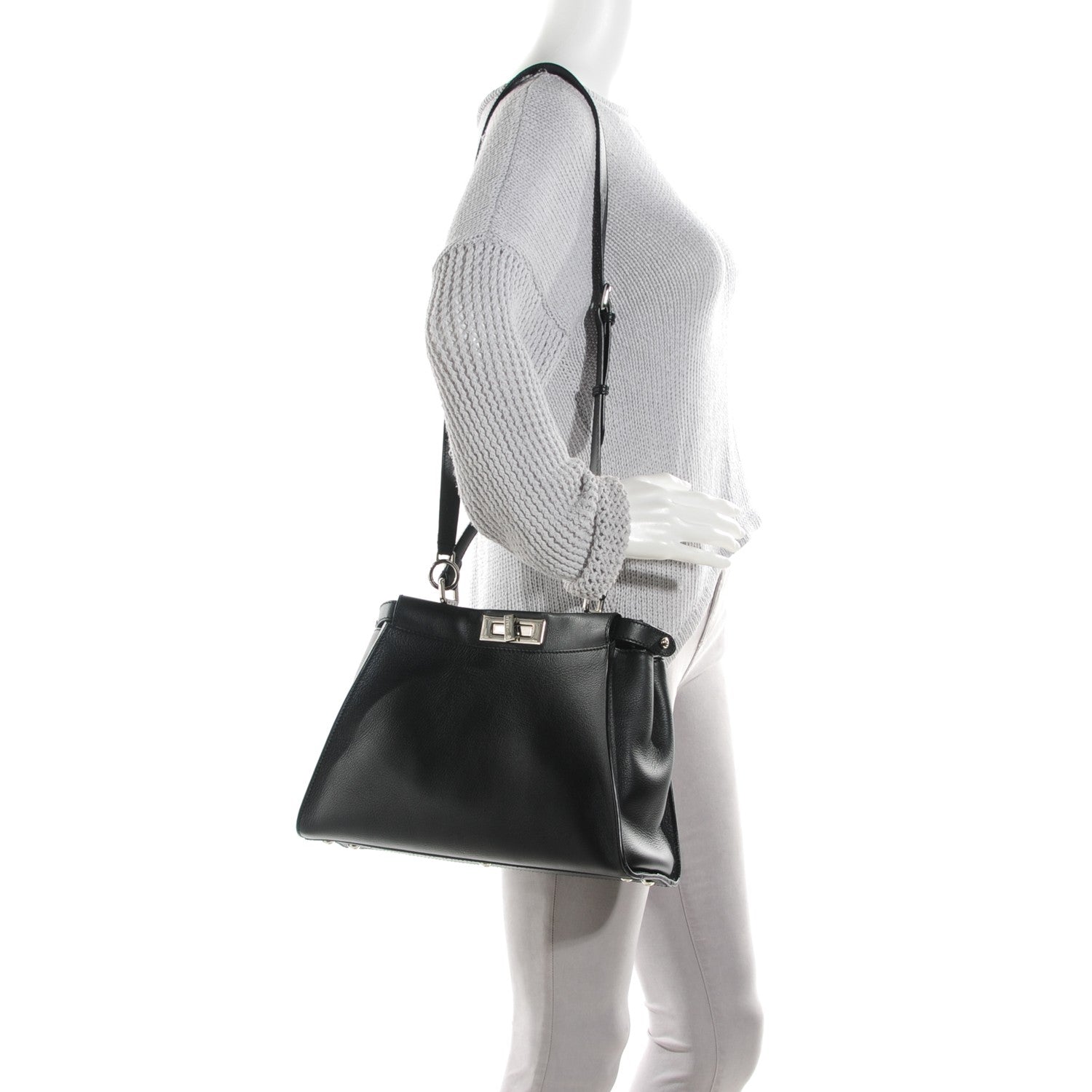 Fendi Vitello Seta Python Crocodile Monster Eyes Medium Peekaboo Iconic Satchel Black Girasole 3 of 8