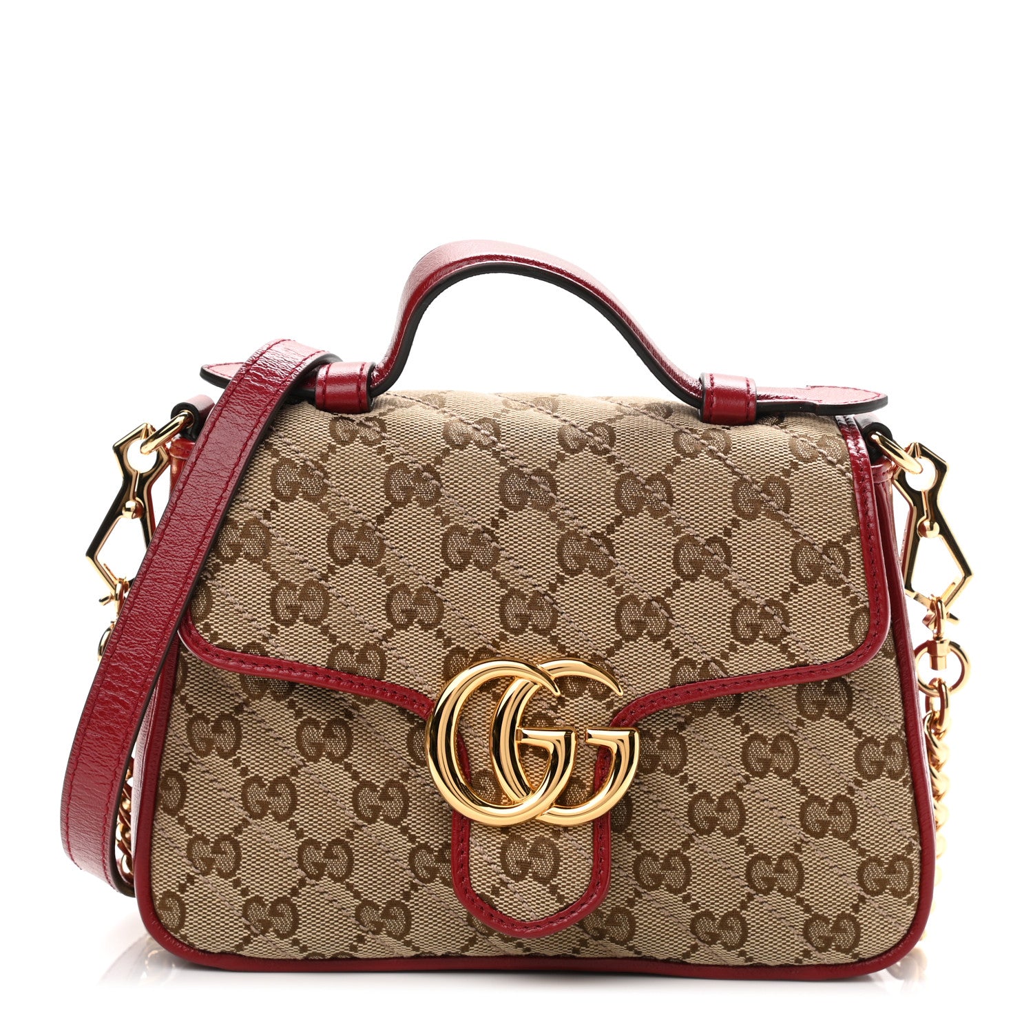 Gucci Monogram Glazed Calfskin Matelasse Diagonal Mini GG Marmont Top Handle Shoulder Bag Beige Ebony New Cherry Red 1 of 12