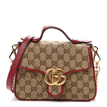 Gucci Monogram Glazed Calfskin Matelasse Diagonal Mini GG Marmont Top Handle Shoulder Bag Beige Ebony New Cherry Red 1 of 12