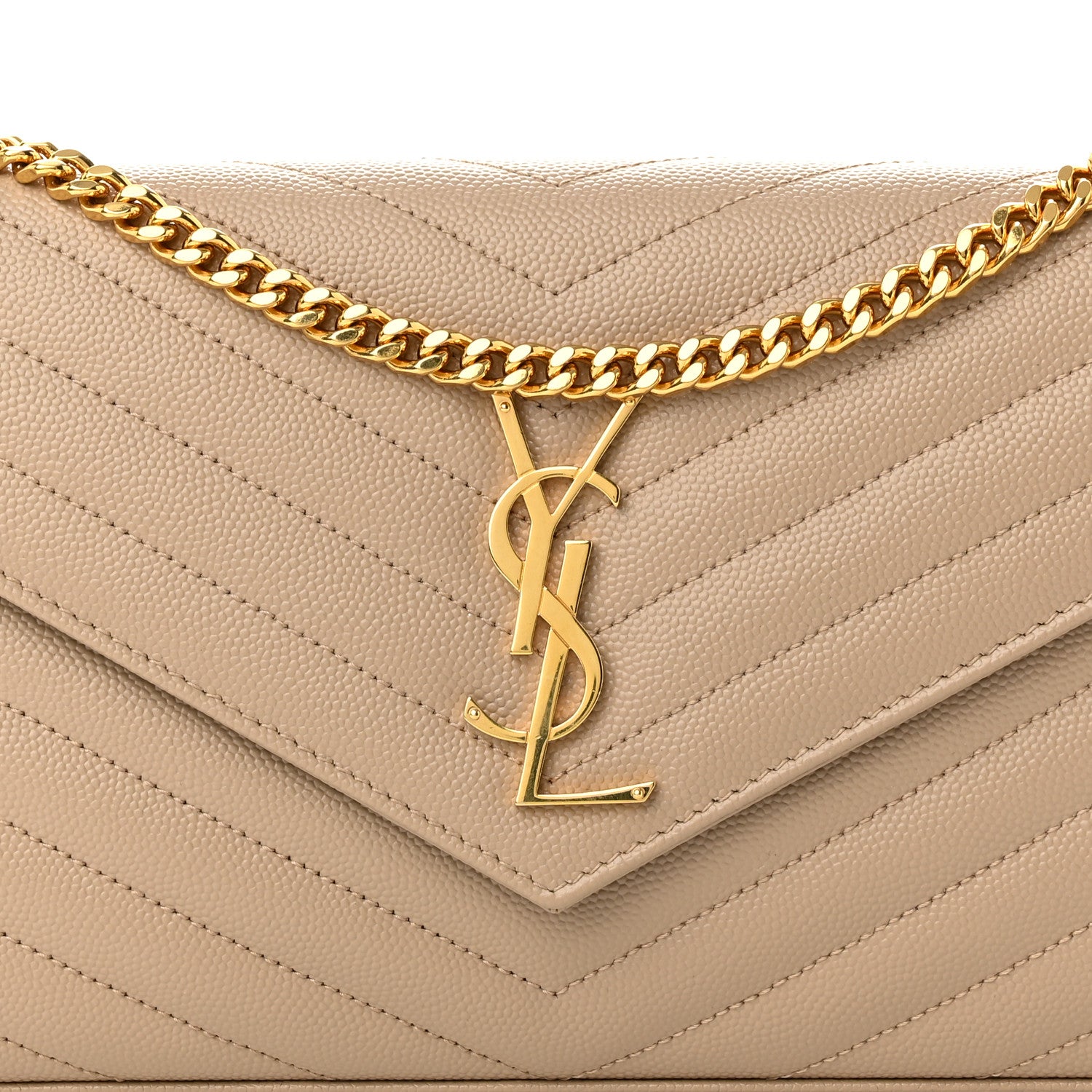 Saint Laurent Grain De Poudre Matelasse Chevron Monogram Chain Wallet Deep Beige 7 of 9