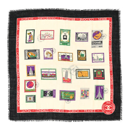 Chanel Silk Stamps Fringe Scarf Black Multicolor 1 of 6