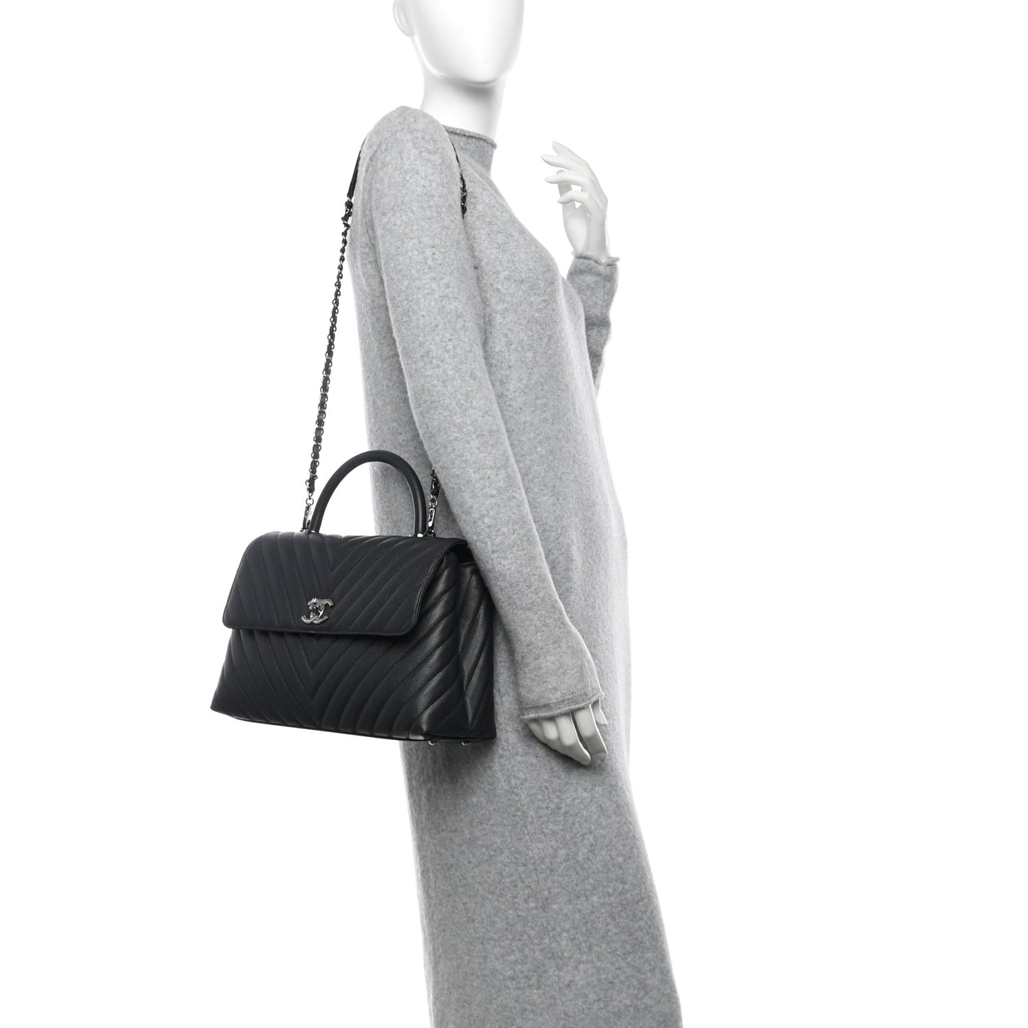 Caviar Chevron Quilted Medium Coco Handle Flap Dark Grey