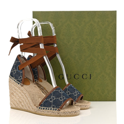 Gucci New Denim GG Monogram Ankle Wrap Espadrille Wedge Sandals 38 Blue Tea Cuir Epilog 10 of 10