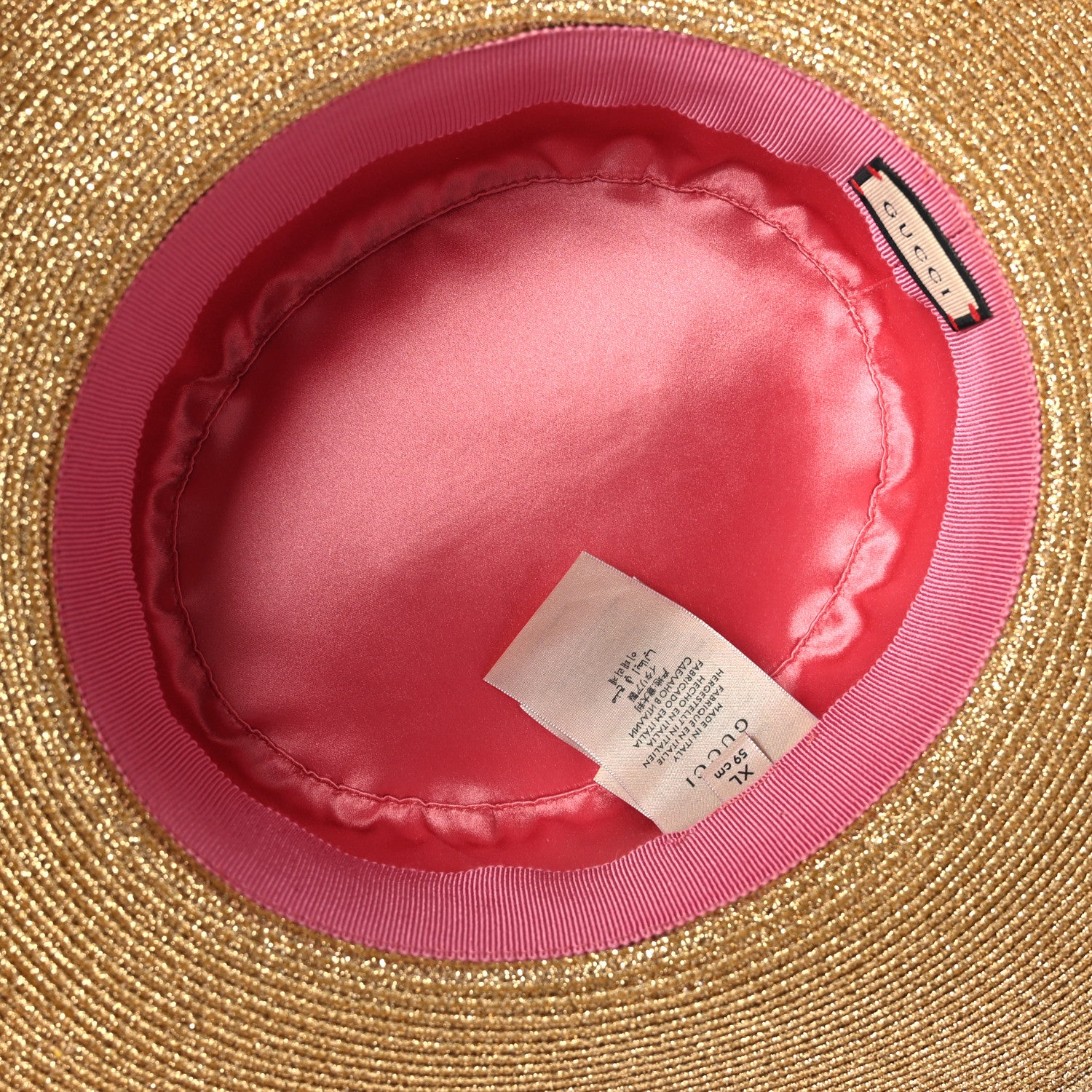 Gucci Glittered Straw Grosgrain Wide Brim Hat XL Gold Black 6 of 8