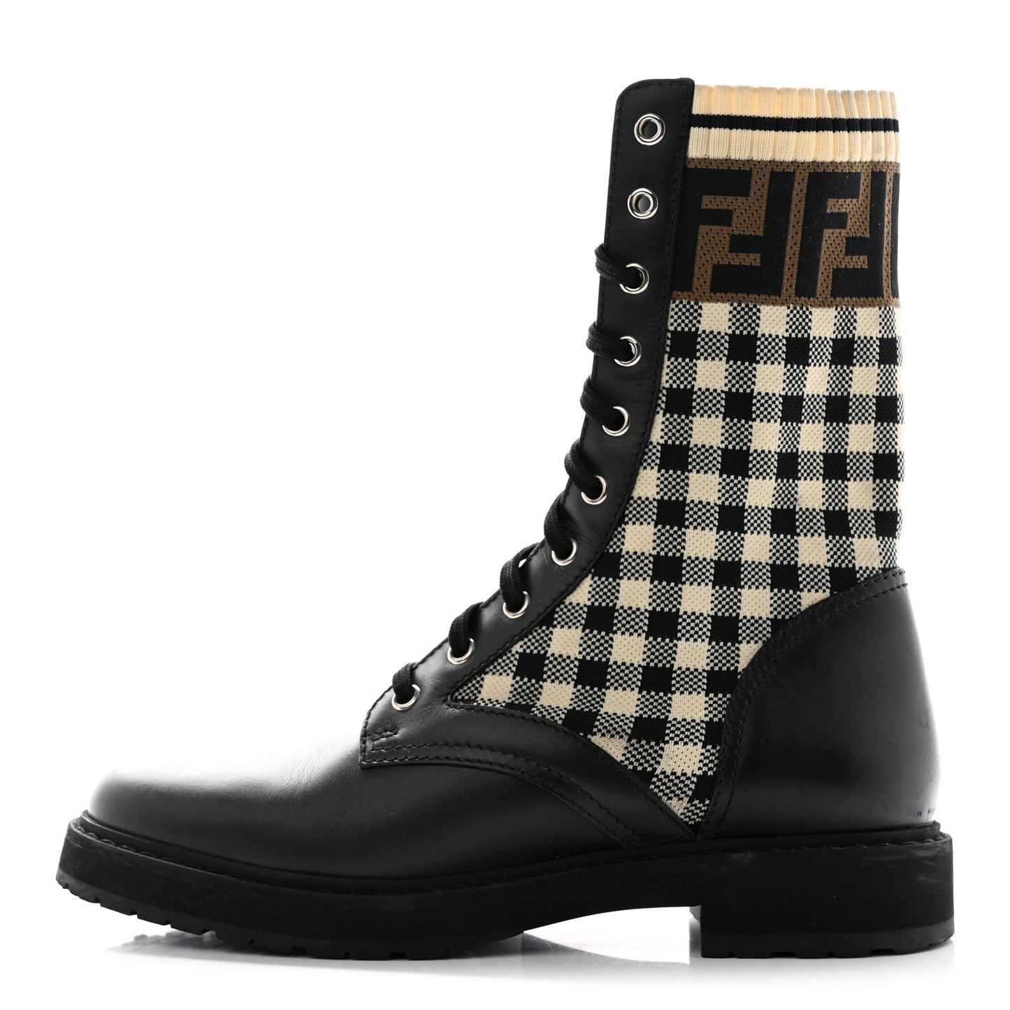 Vitello Stretch Fabric FF Vichy Rockoko Biker Boots 39 Black Crema Tobacco