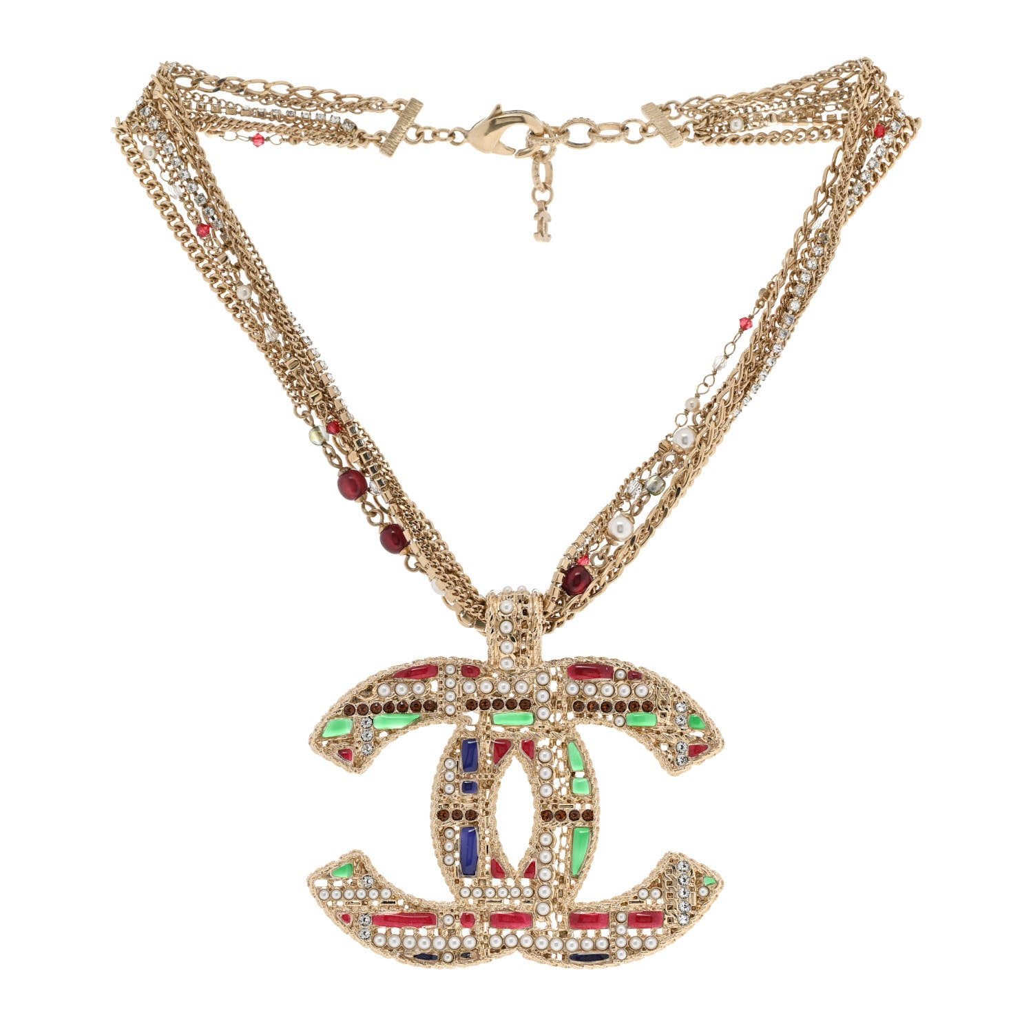 Chanel Tweed Effect Multi Strand CC Large Pendant Necklace Gold Multicolor 3 of 6
