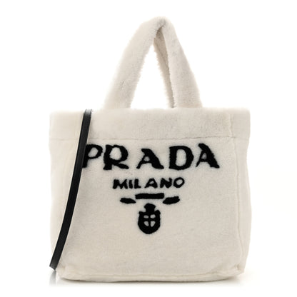 Prada Shearling Logo Tote White Black 1 of 11