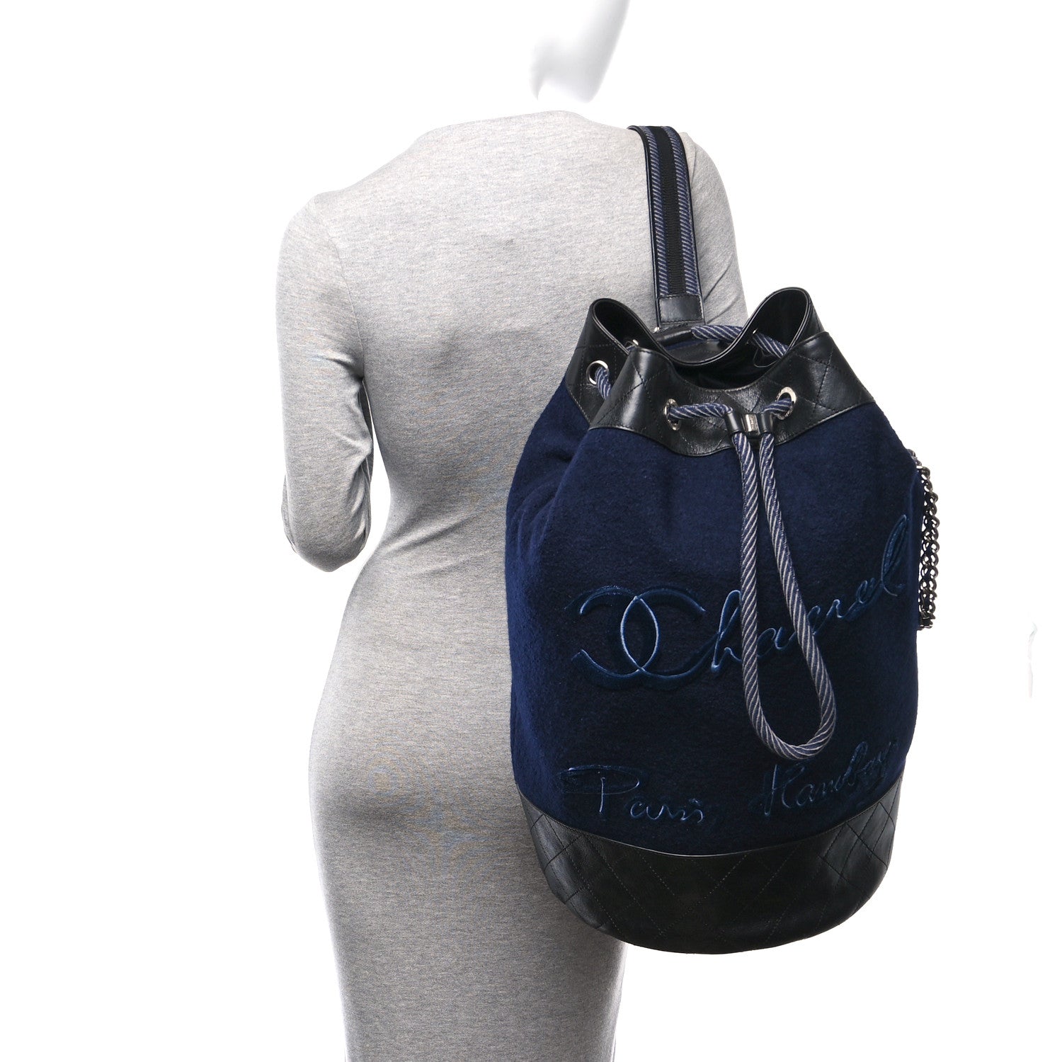 Chanel Wool Calfskin Embroidered Paris Hamburg Drawstring Backpack Navy Blue 2 of 10