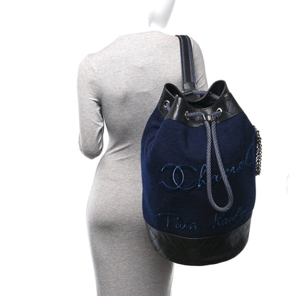 Chanel Wool Calfskin Embroidered Paris Hamburg Drawstring Backpack Navy Blue 2 of 10