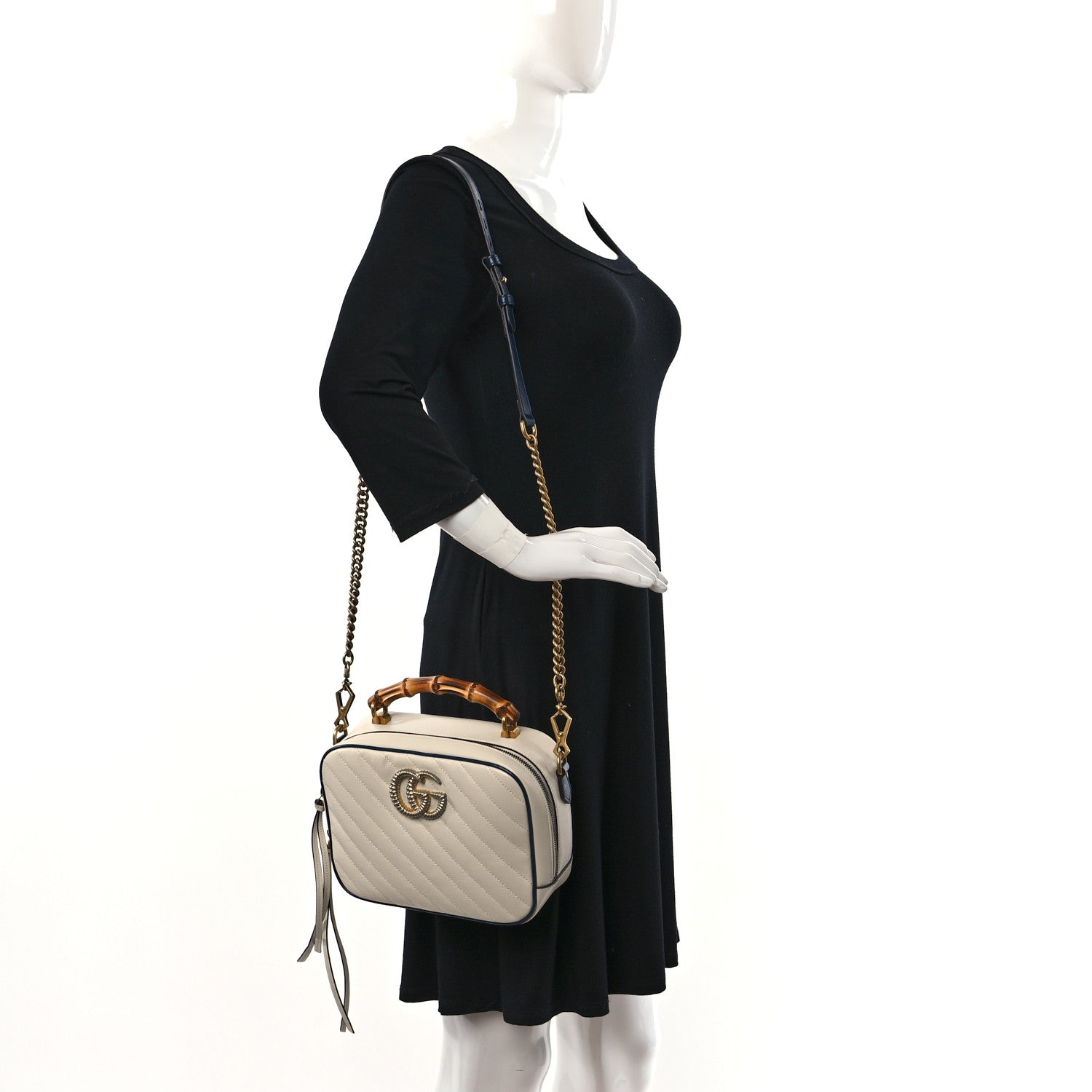 Gucci Vintage Effect Calfskin Matelasse Diagonal Small Torchon GG Marmont Bamboo Top Handle Shoulder Bag Mystic White Blue Agata 2 of 10