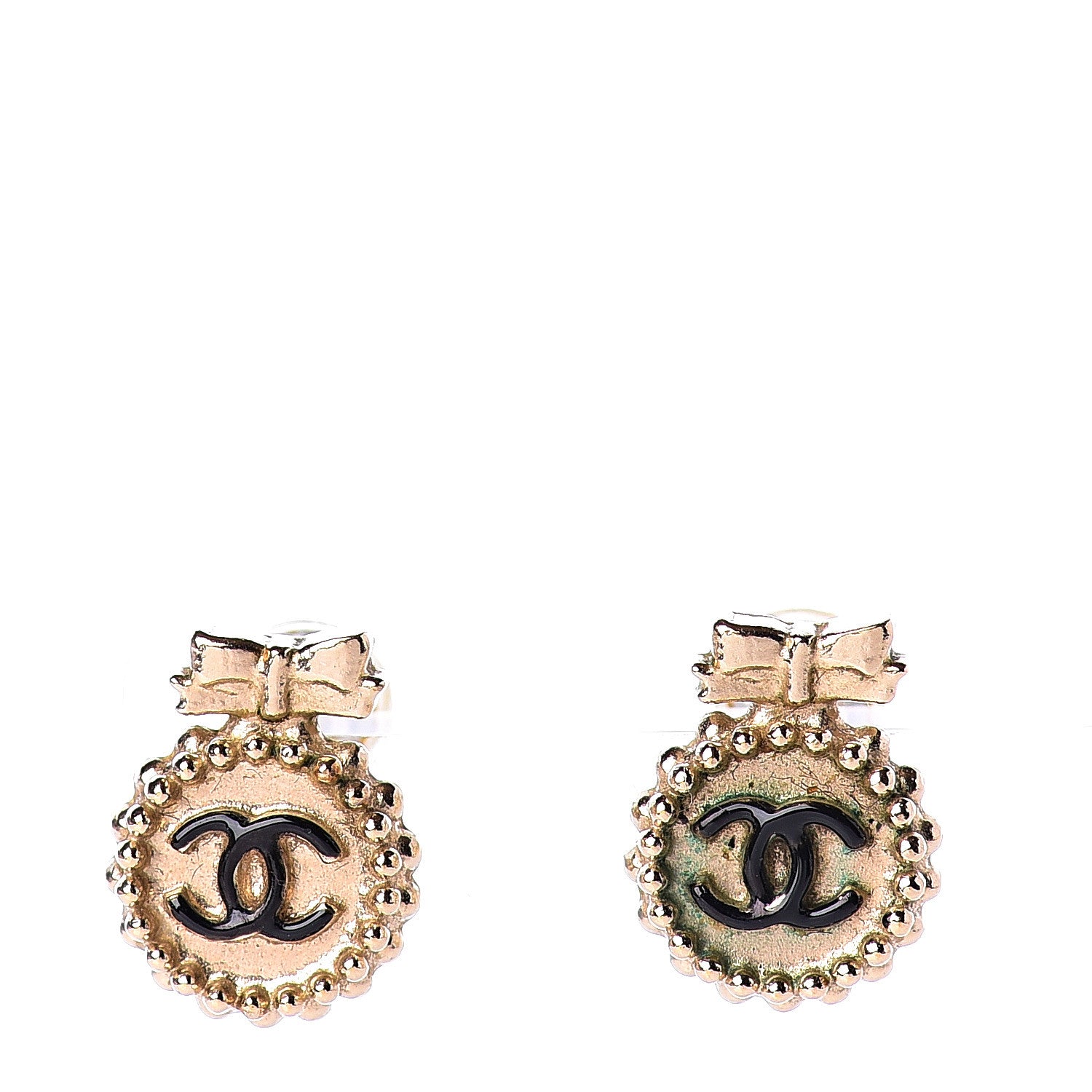 Chanel CC Bow Earrings Black Gold 1 of 5