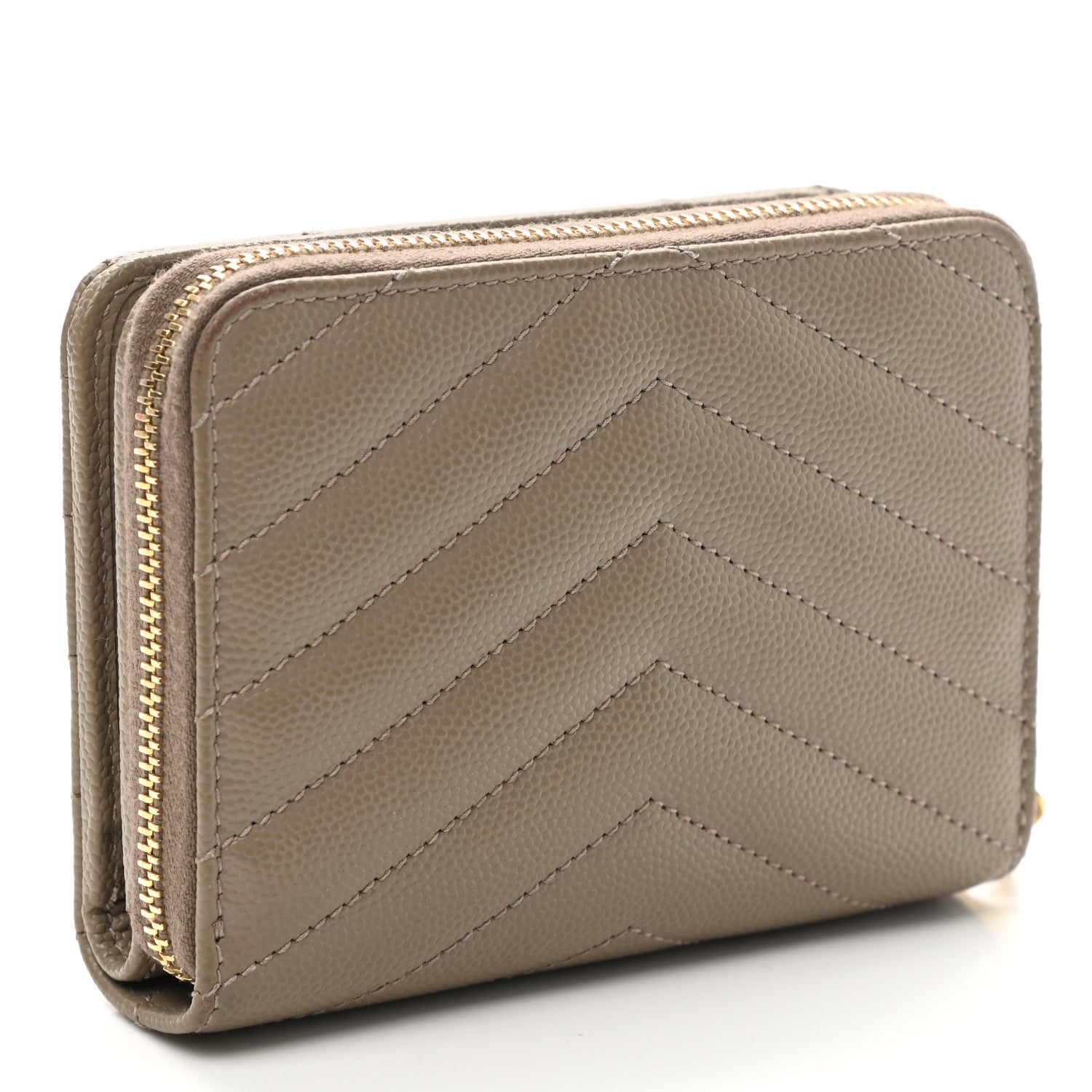 Saint Laurent Grain De Poudre Matelasse Chevron Monogram Compact Zip Around Wallet Dark Latte 3 of 8
