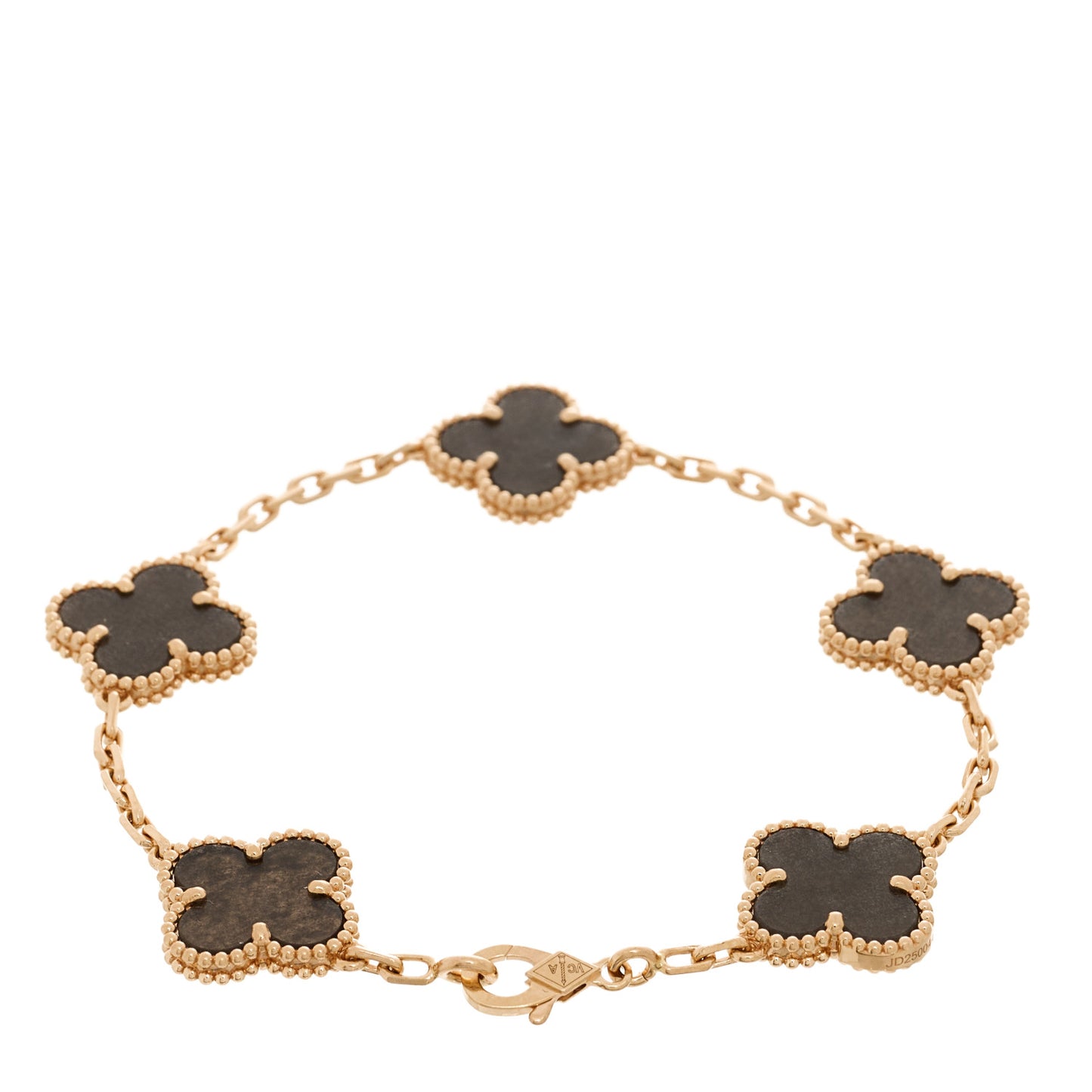 18K Rose Gold Silver Obsidian 5 Motifs Vintage Alhambra Bracelet