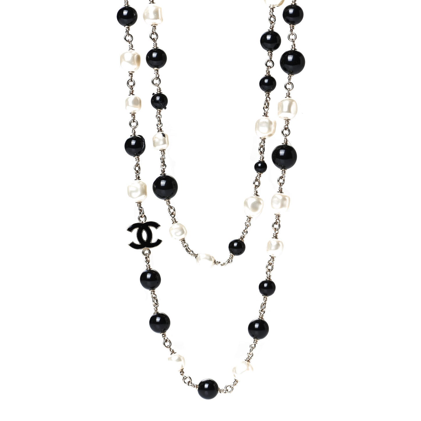 Pearl Bead Enamel CC Long Necklace Black Light Gold