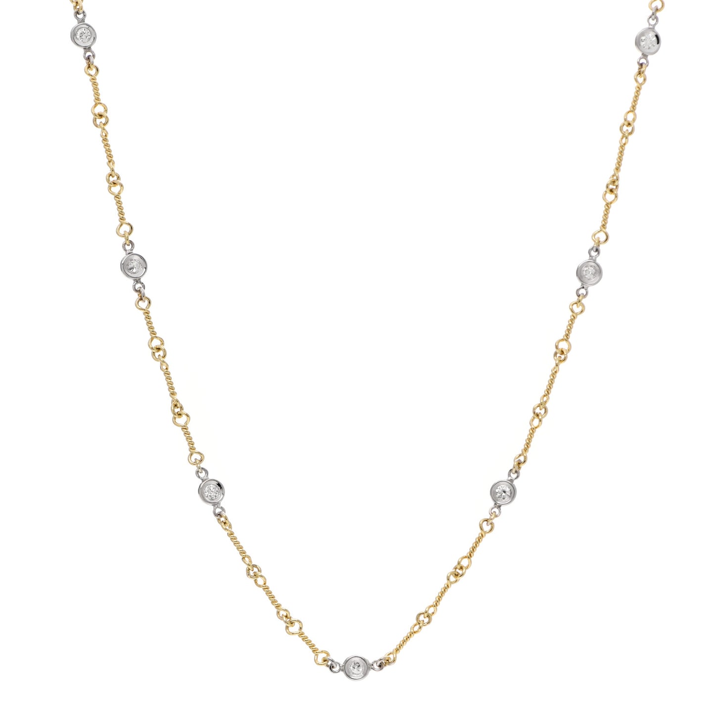 18K Yellow White Gold Diamond By the Inch Seven Station Dog Bone Necklace